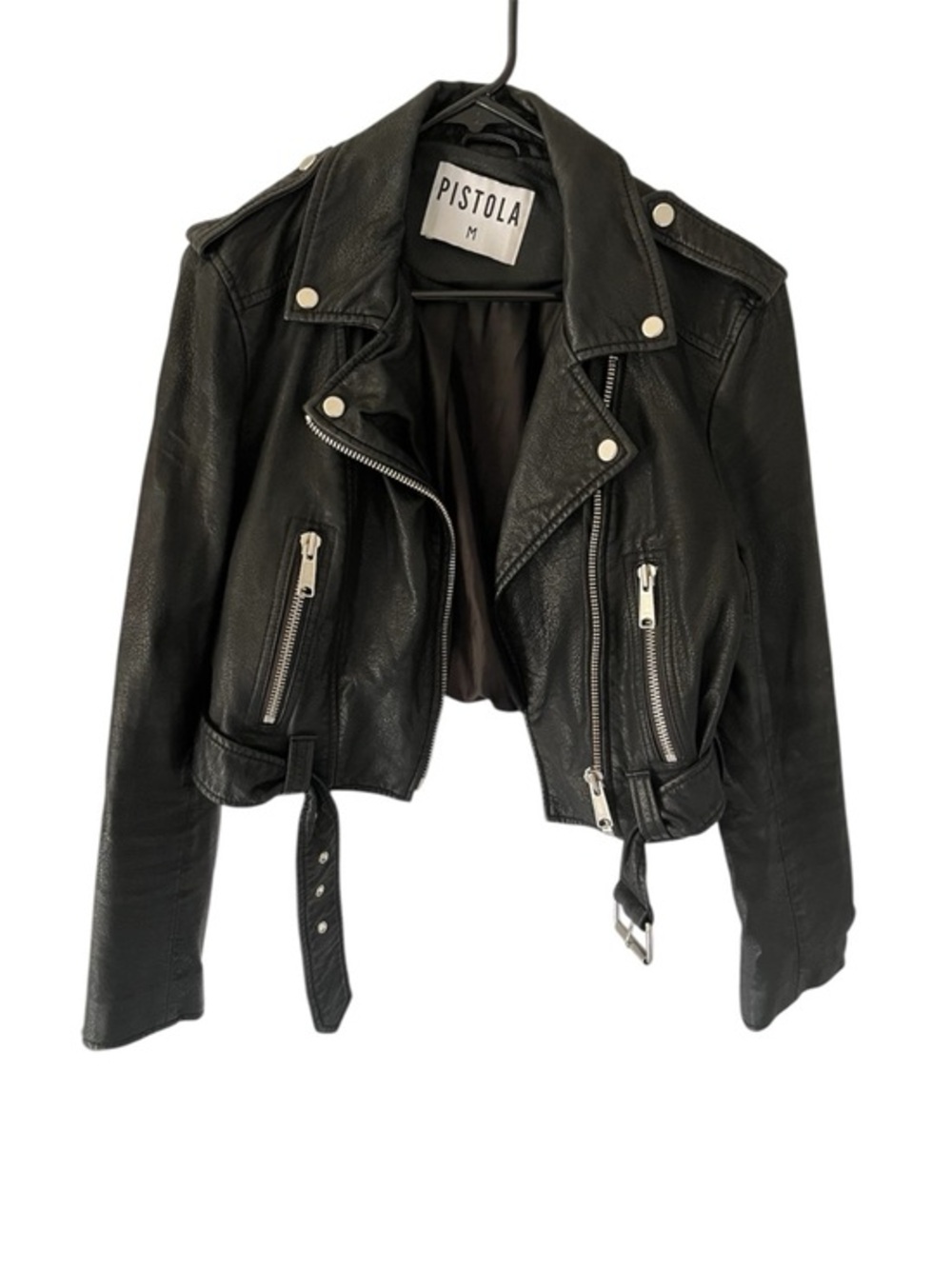 pistola Black Cropped vegan Leather Moto Jacket with Silver Hardware